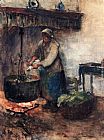 Famous Peasant Paintings - A Cottage Interior With A Peasant Woman Preparing Supper